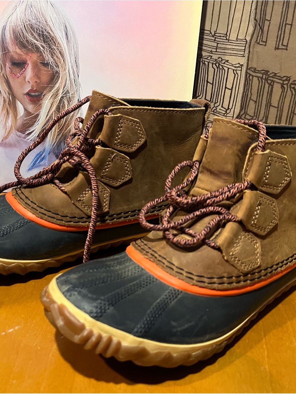 Sorel Brown and Black Waterproof Lace-Up Boots with Orange Accent
